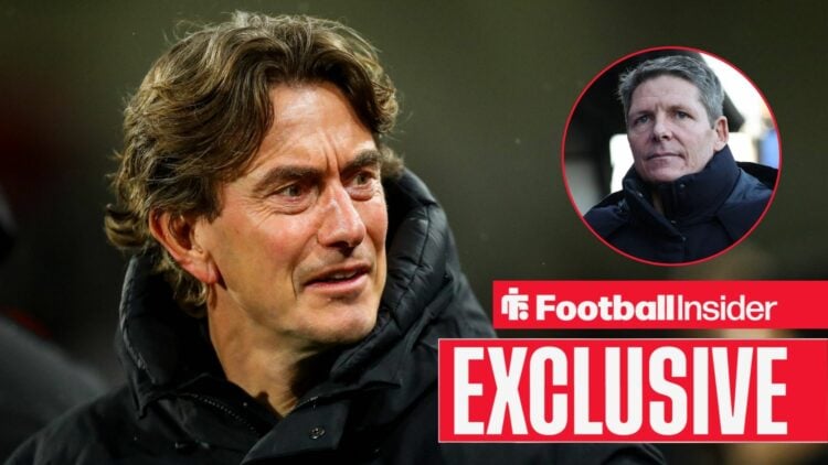 Thomas Frank on the sidelines, with Oliver Glasner in a circular inset