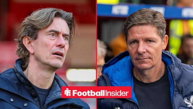 Tottenham manager Thomas Frank looks concerned as Oliver Glasner watches on.