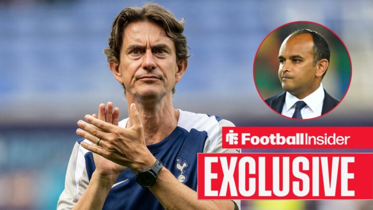 Football Insider exclusive as Tottenham manager Thomas Frank applauds as chief executive Vinai Venkatesham watches from a circular inset.