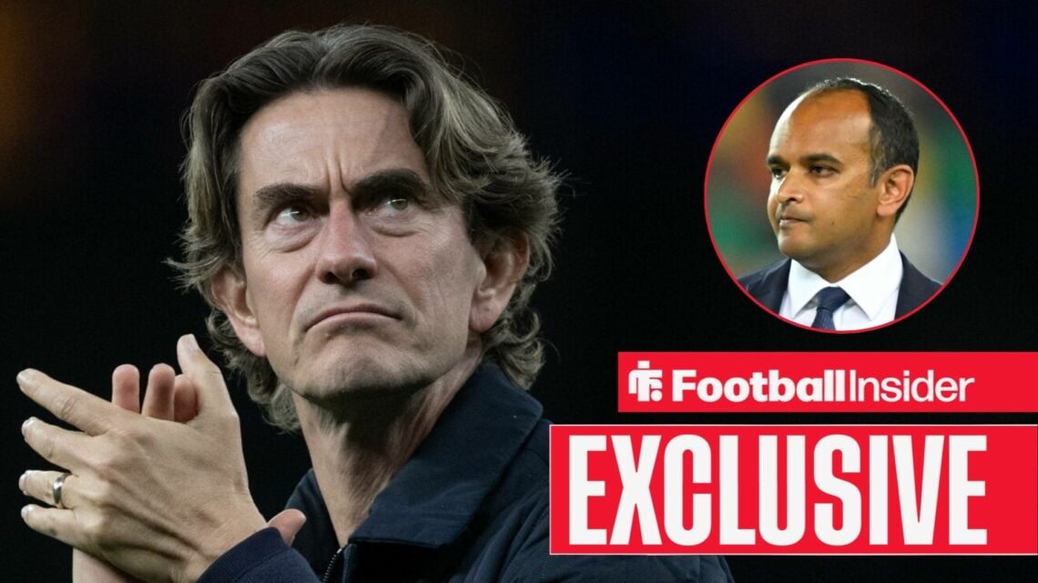 Thomas Frank applauding at Tottenham, with Vinai Venkatesham in a circular inset