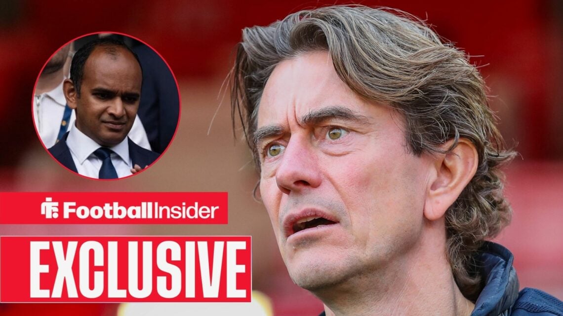 Football Insider exclusive as Tottenham manager Thomas Frank looks concerned, while Vinai Venkatesham watches from a circular inset.