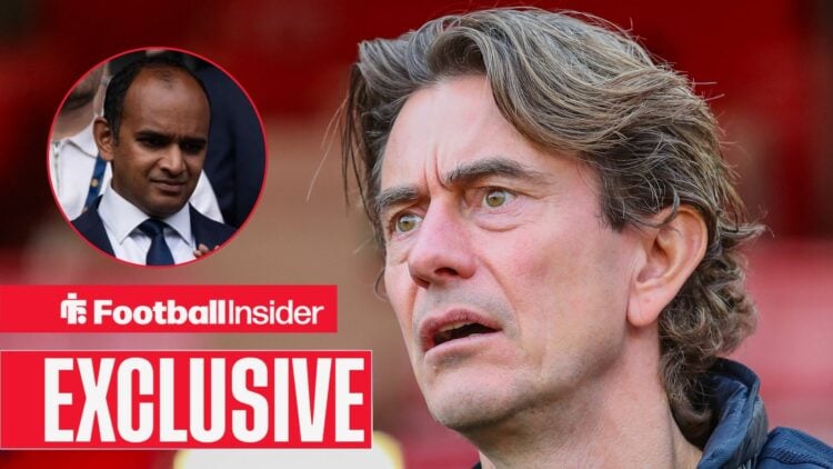 Football Insider exclusive as Tottenham manager Thomas Frank looks concerned, while Vinai Venkatesham watches from a circular inset.