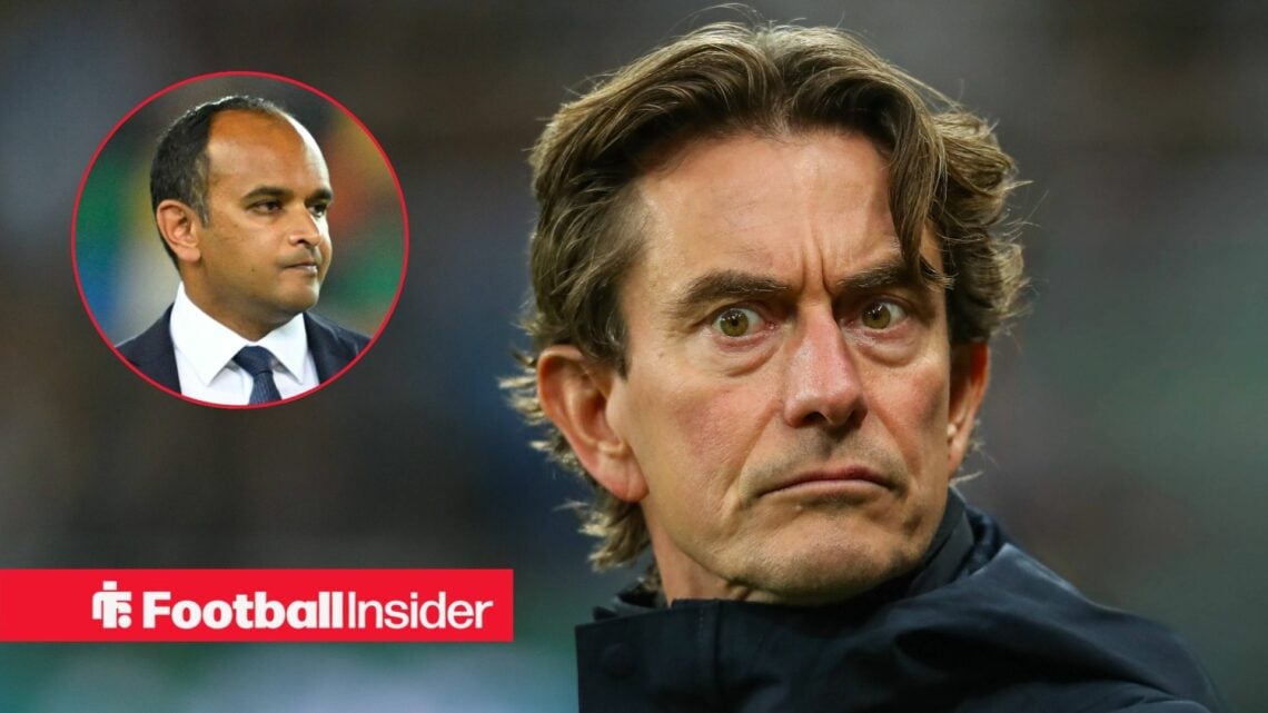 Tottenham manager Thomas Frank looks frustraed as chief executive Vinai Venkatesham watches from a circular inset.