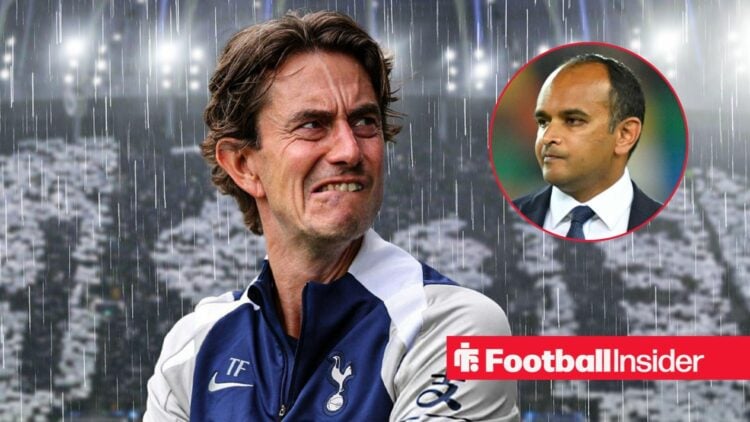 Thomas Frank in the rain at the Tottenham Hotspur Stadium with Vinai Venkatesham included in a circular inset