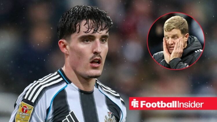 Tino Livramento in action for Newcastle, with Eddie Howe in a circular inset