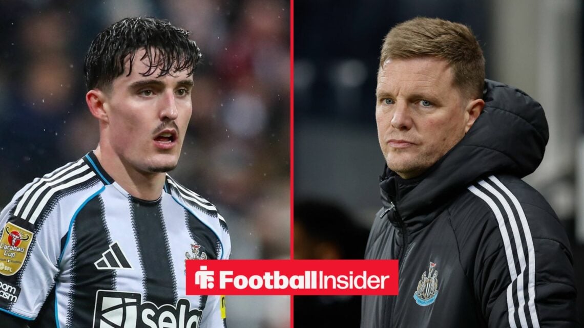A split image as Tino Livramento is in action for Newcastle in the left half, as manager Eddie Howe watches on concernedly from the right.