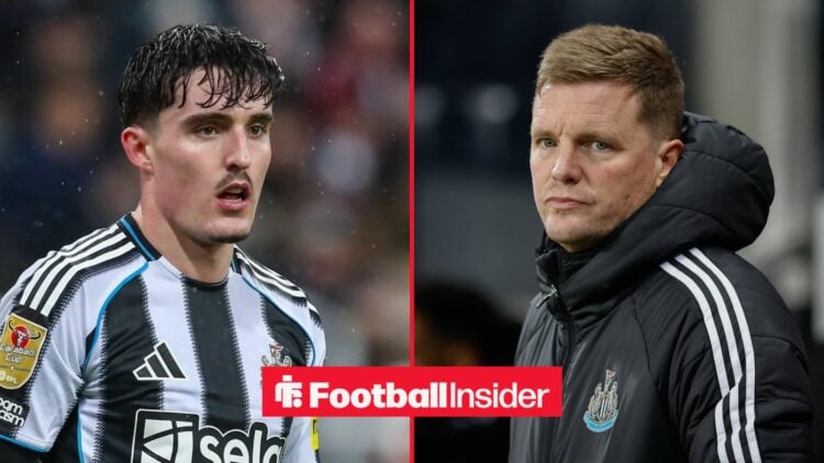 A split image as Tino Livramento is in action for Newcastle in the left half, as manager Eddie Howe watches on concernedly from the right.