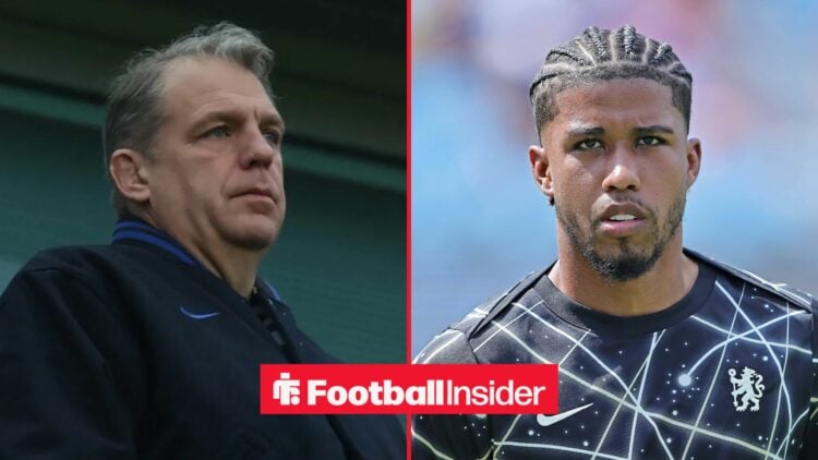 A split image as Chelsea owner Todd Boehly looks across towards Andrey Santos, who is warming up for a game.