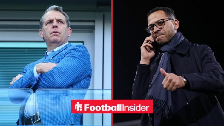 Todd Boehly with his arms folded alongside Liam Rosenior on a phone call