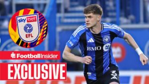 Football Insider exclusive as Tom Pearce is in action during a game for Montreal Impact, as the EFL logo features in a circular inset.