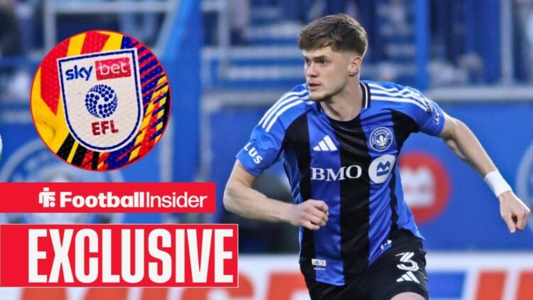 Football Insider exclusive as Tom Pearce is in action during a game for Montreal Impact, as the EFL logo features in a circular inset.