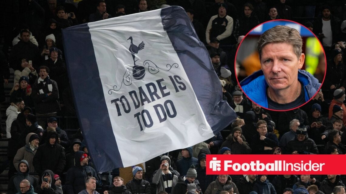 Tottenham fans wave a giant flag in the stands as Crystal Palace manager Oliver Glasner watches from a circular inset.