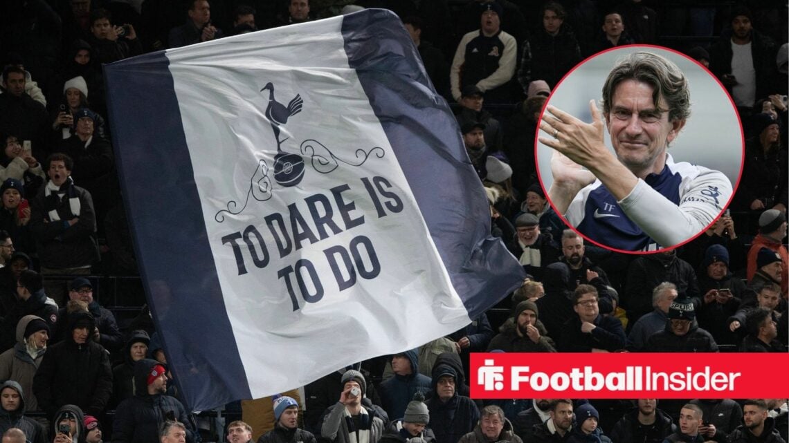 Tottenham fans wave a giant flag in the stands, as manager Thomas Frank applauds in a circular inset.