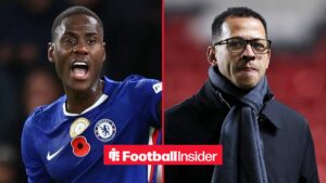 Trevoh Chalobah in a Chelsea shirt alongside Liam Rosenior in a black coat