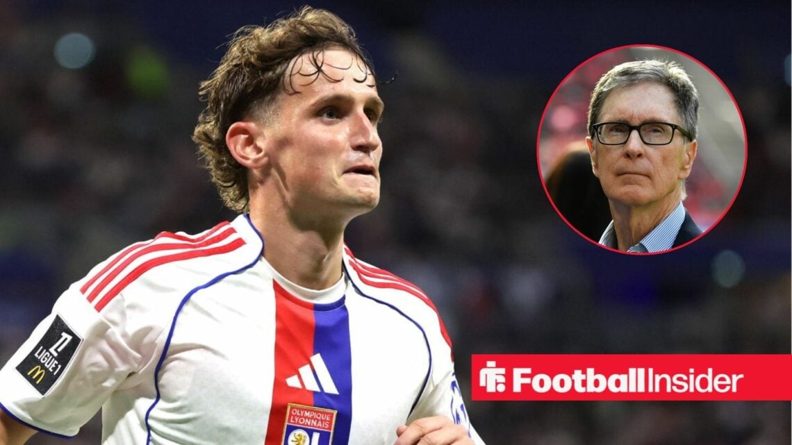 Tyler Morton in action during a game for Lyon, as Liverpool owner John Henry watches from a circular inset.