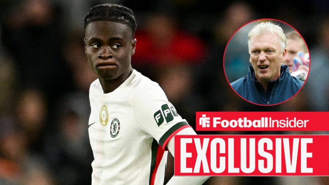 Football Insider exclusive as Tyrique George is in action for Chelsea, while Everton manager David Moyes celebrates in a circular inset.