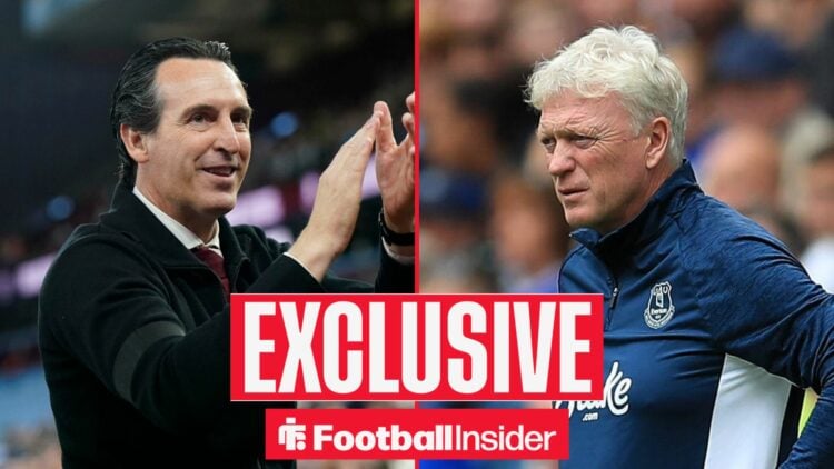 Football Insider exclusive as Aston Villa manager Unai Emery applauds, while Everton boss David Moyes looks concerned.