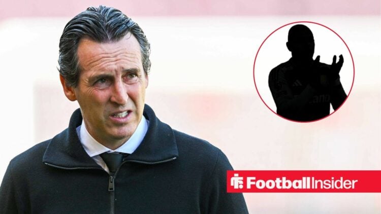 Unai Emery grimacing, Donyell Malen's silhouette in a circular inset