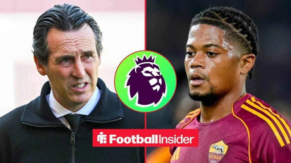 Aston Villa manager Unai Emery stares across at Leon Bailey, while the Premier League logo features in a central inset.