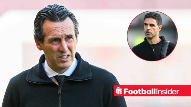 Unai Emery on the sidelines, Mikel Arteta in a circular inset