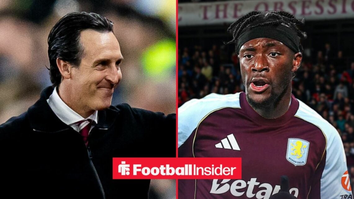 Unai Emery looking happy at Aston Villa, with Tammy Abraham in an Aston Villa shirt