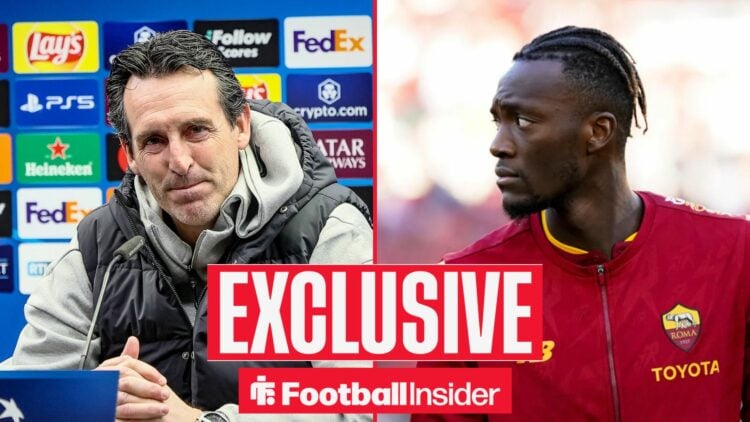 Football Insider exclusive as Aston Villa manager Unai Emery glances across at Tammy Abraham.