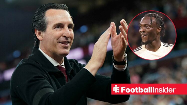 Aston Villa manager Unai Emery applauds, as Besiktas striker Tammy Abraham grins in a circular inset.