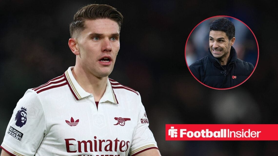 Viktor Gyokeres playing for Arsenal, Mikel Arteta in a circular inset