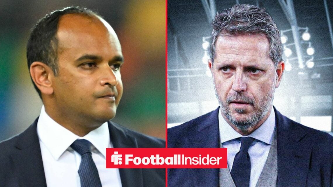 Vinai Venkatesham looking unimpressed alongside Fabio Paratici at the Tottenham Hotspur Stadium