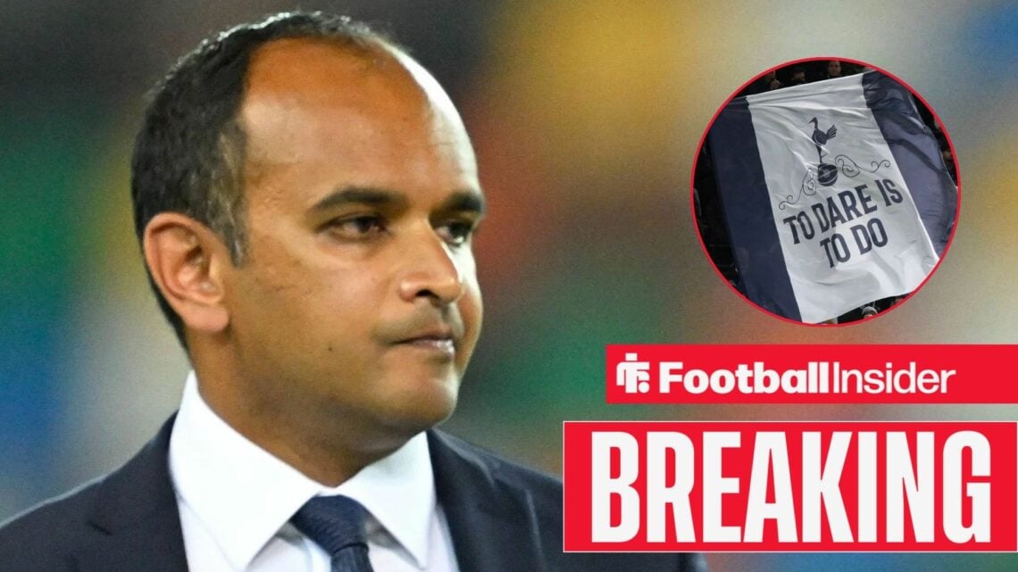 Breaking news as Tottenham chief executive looks towards a circular inset, where fans wave a giant flag in the stands.