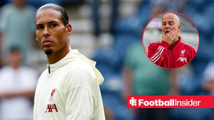 Virgil van Dijk playing for Liverpool, Arne Slot in a circular inset