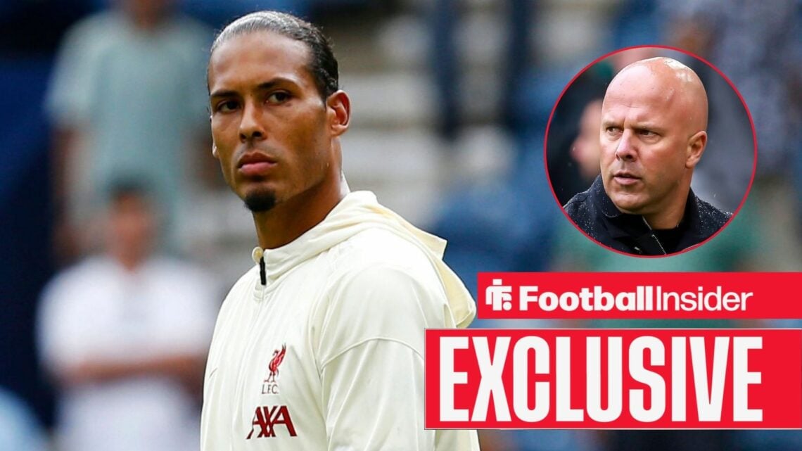 Football Insider exclusive as Liverpool defender Virgil van Dijk stares towards Arne Slot, who features in a circular inset.