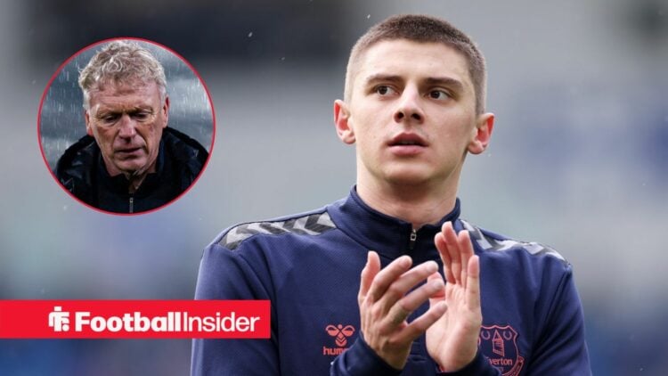 Everton defender Vitalii Mykolenko applauds as he glances towards a circular inset, where manager David Moyes stands in the rain.