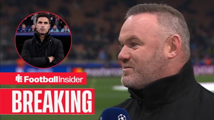 Wayne Rooney speaking at the San Siro, Mikel Arteta in a circular inset