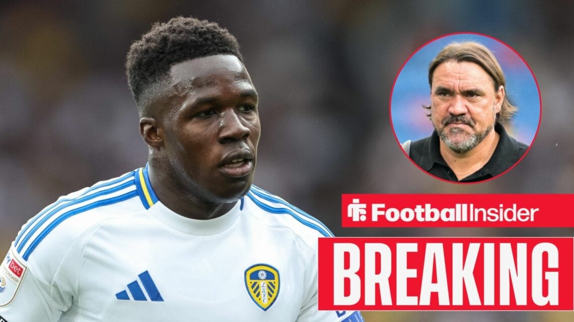 Wilfried Gnonto in action for Leeds United, with Daniel Farke in a circular inset