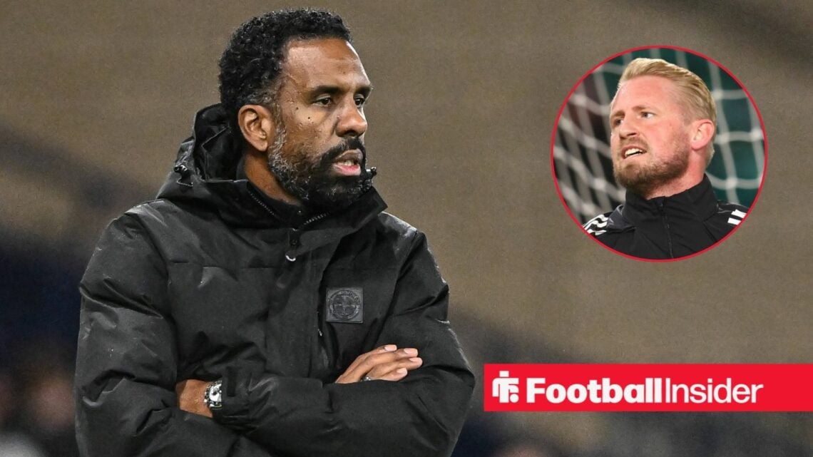 Celtic manager Wilfried Nancy stands with his arms folded, as Kasper Schmeichel features in a circular inset.