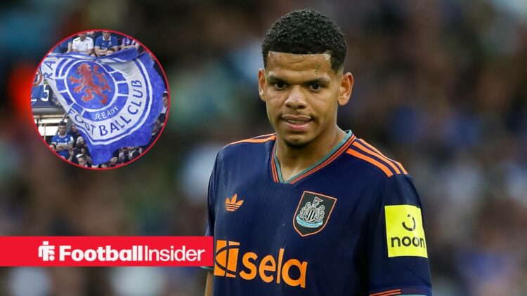 William Osula in action for Newcastle, as Rangers fans wave a flag in a circular inset.