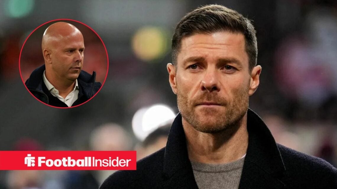 Xabi Alonso on the sidelines, with Arne Slot in a circular inset
