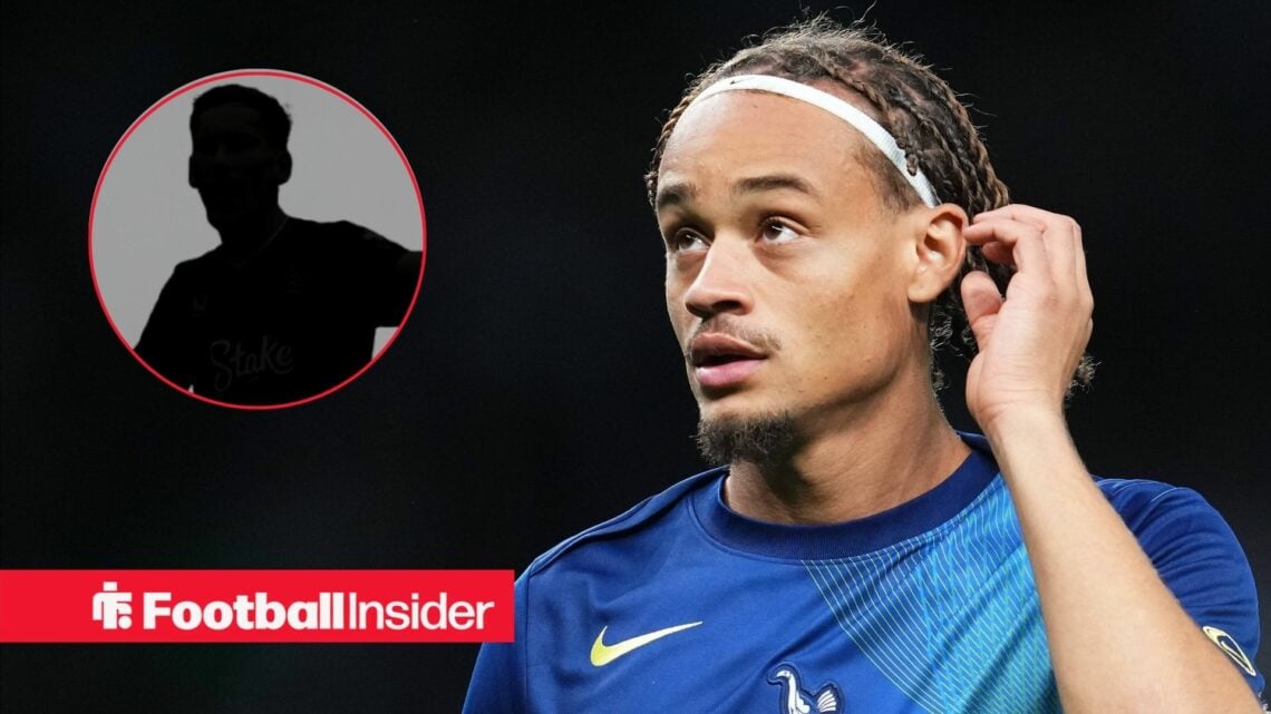 Xavi Simons playing for Tottenham, James Garner's silhouette in a circular inset