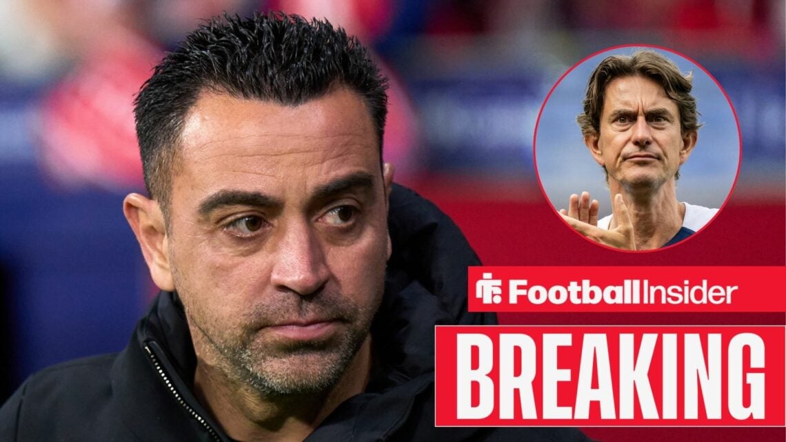 Breaking news as Xavi glances towards a circular inset, where Tottenham manager Thomas Frank applauds concernedly.