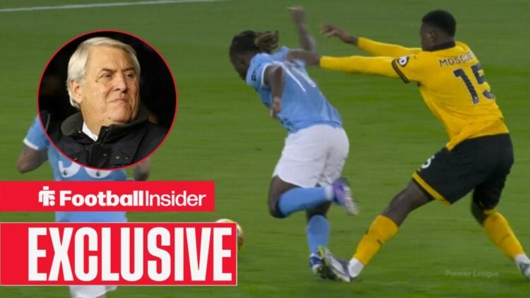 Yerson Mosquera's foul on Jeremy Doku, Keith Hackett in a circular inset