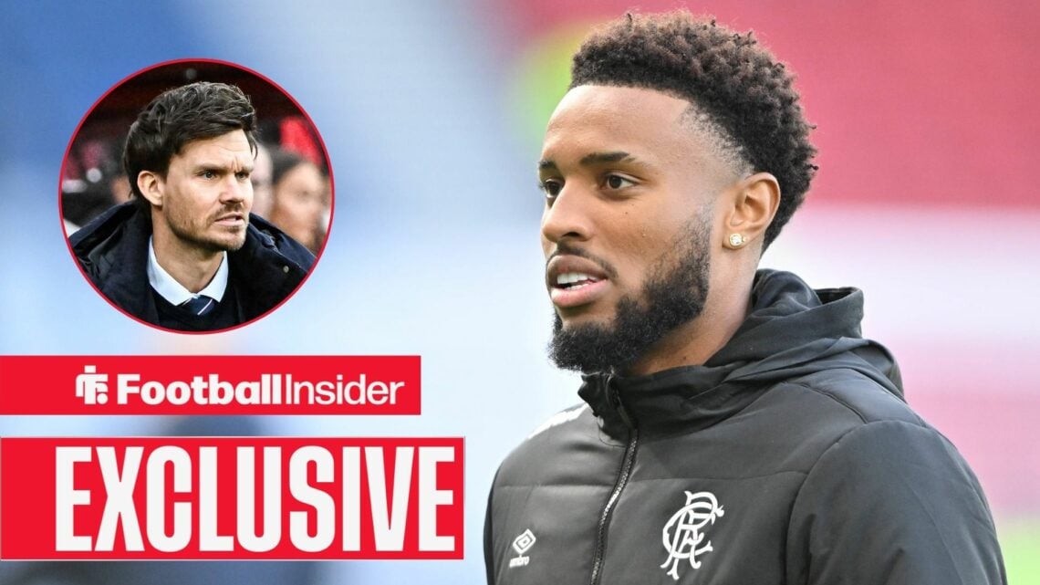 Football Insider exclusive as Rangers striker Youssef Chermiti glances towards a circular inset, where manager Danny Rohl watches on.