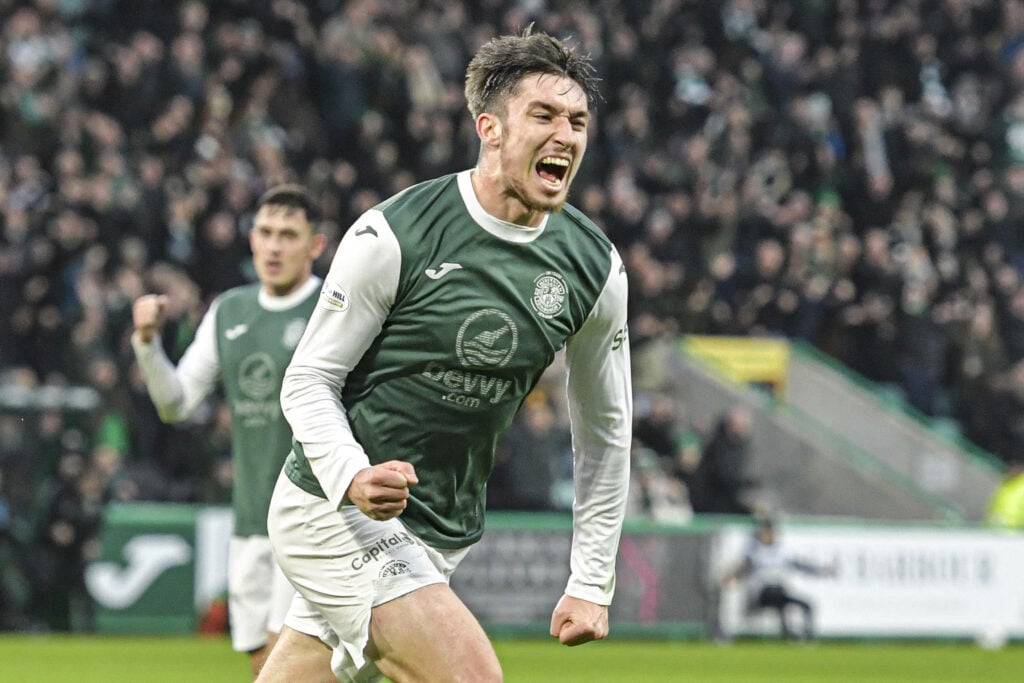 Hibernian striker Kieron Bowie celebrates