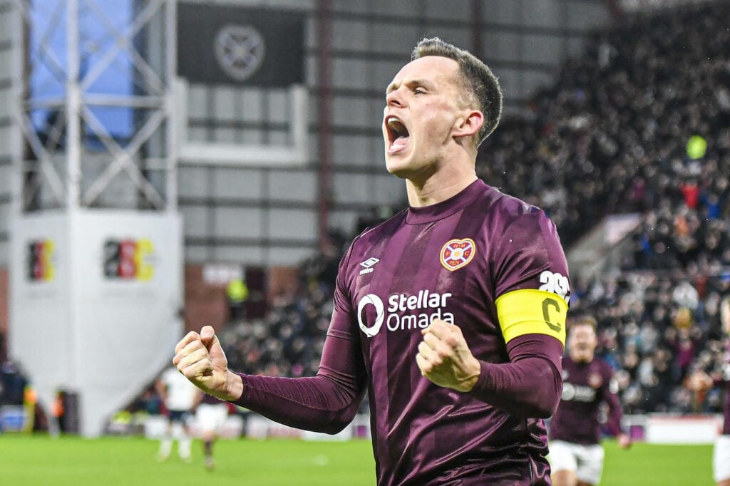 Hearts striker Lawrence Shankland celebrates