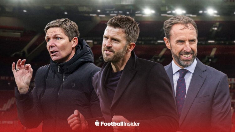 Michael Carrick at Old Trafford, with Oliver Glasner and Gareth Southgate either side of him