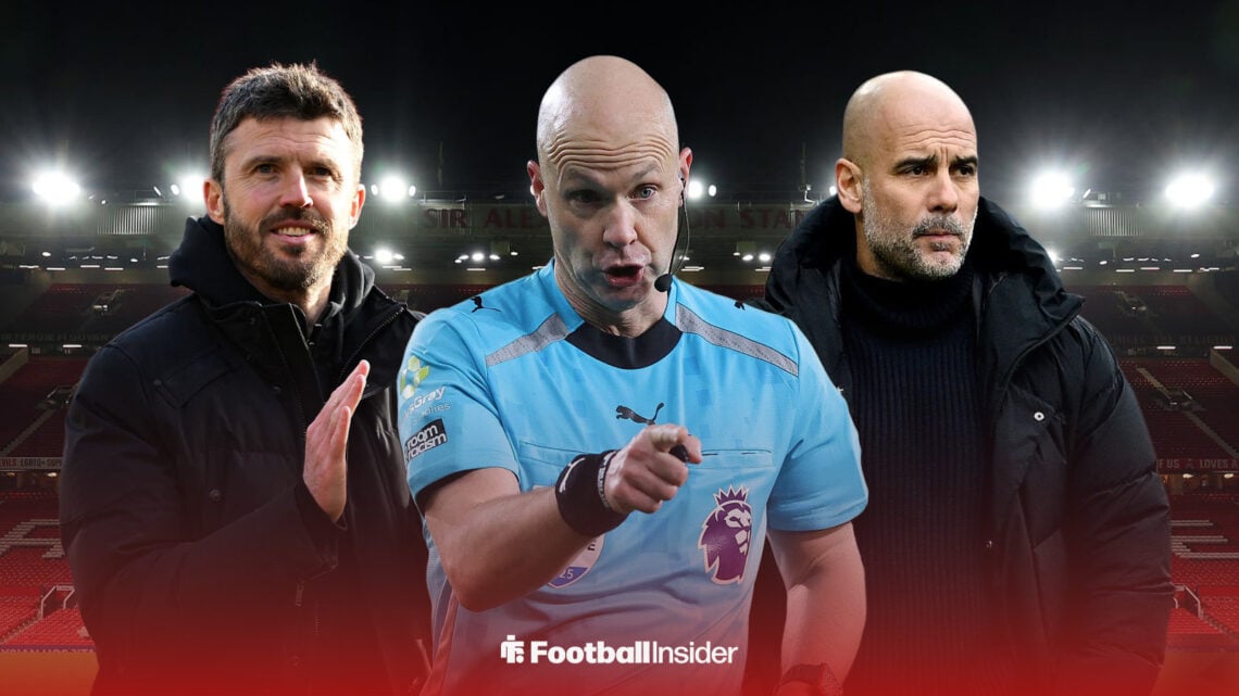 Michael Carrick, Anthony Taylor, and Pep Guardiola at Old Trafford