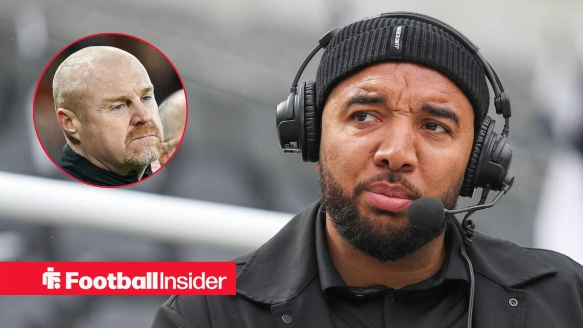 Troy Deeney with a headset looking confused with former Nottingham Forest manager Sean Dyche inset