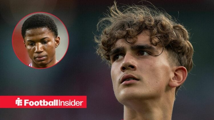 Arsenal youngster Max Dowman during a game with Man United talent Chido Obi inset