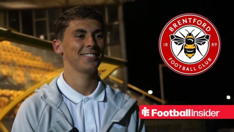 Macclesfield defender Luis Lacey smiles with Brentford badge inset