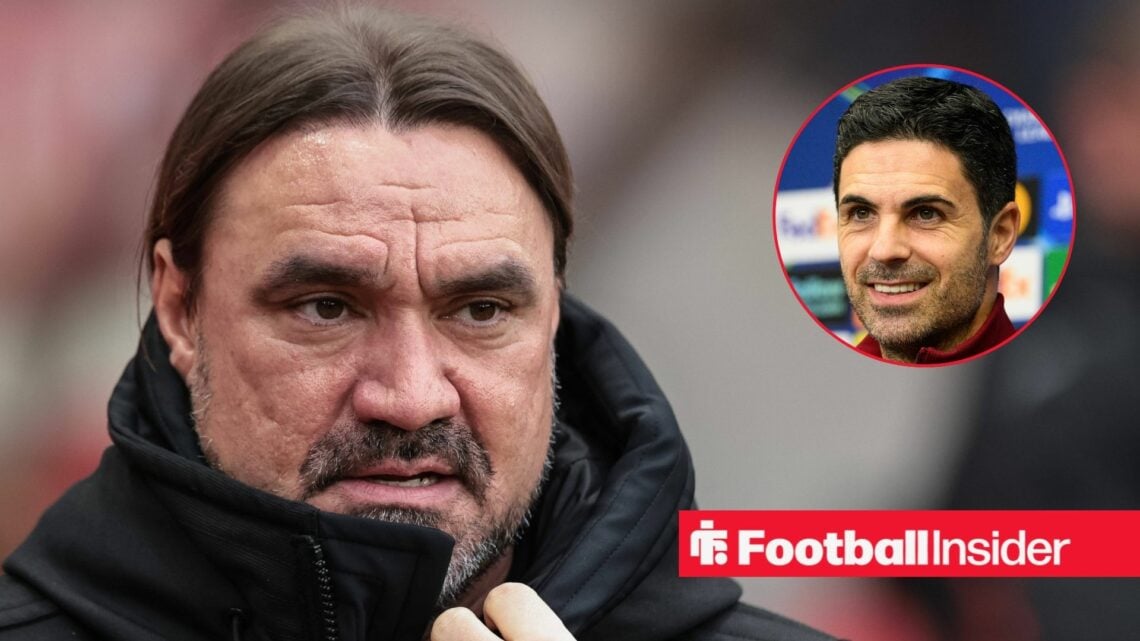 Leeds manager Daniel Farke with Arsenal manager Mikel Arteta smiles